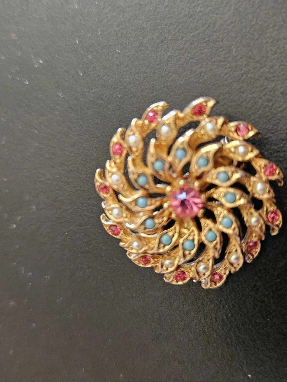 Gold-Tone Floral Swirl Brooch with Pink and Turquoise Stones